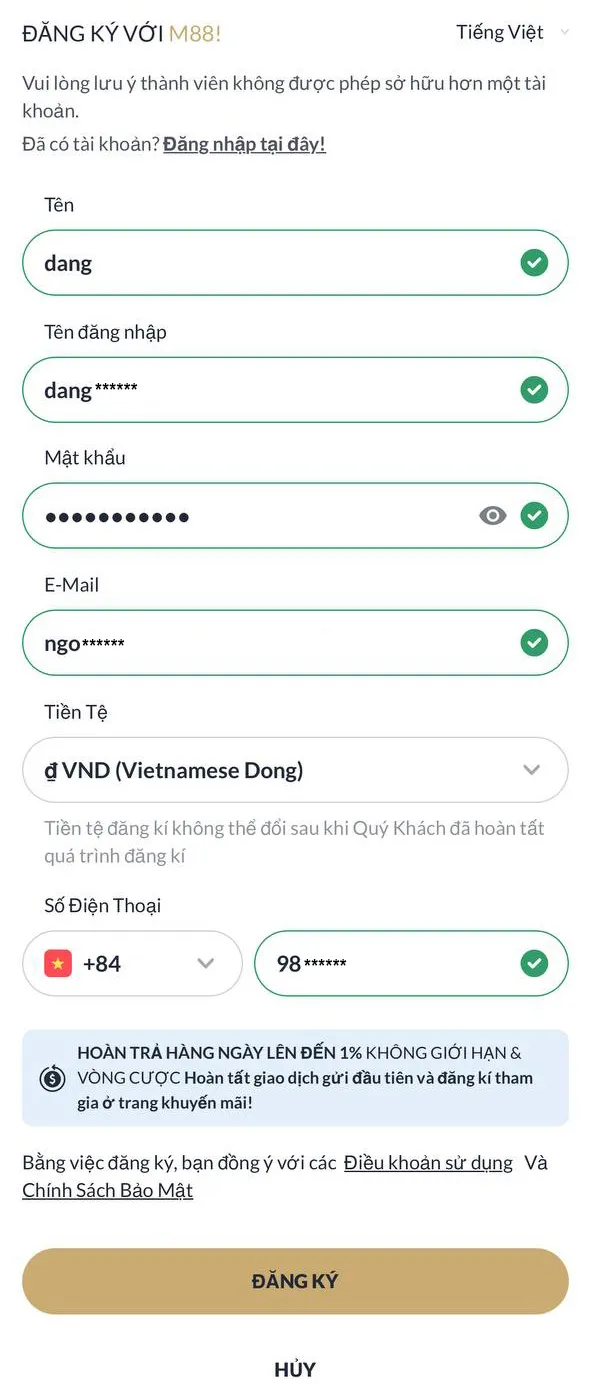 Điền thông tin đăng ký M88