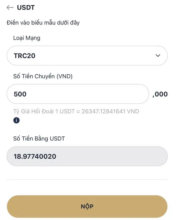 Thiết lập lệnh nạp tiền M88 bằng USDT